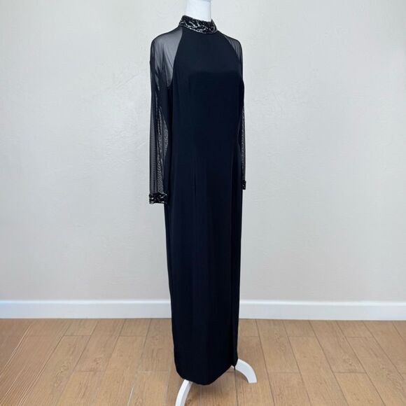 Vintage Black Tie Oleg Cassini Dress w/ Sheer Long Sleeves Beaded Detail Maxi - Picture 2 of 16